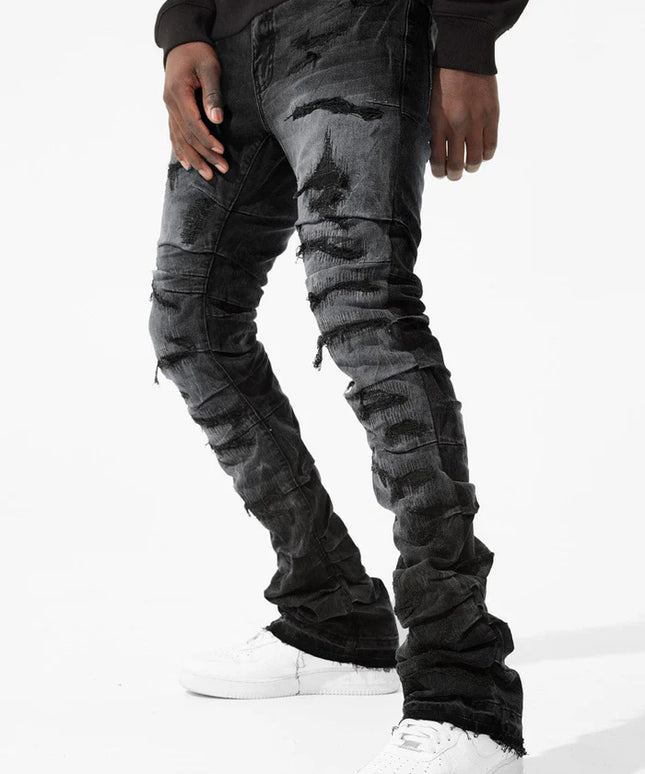 Jordan Craig  Pleated Side Seam Shredded Stacked Jean - Black Shadow