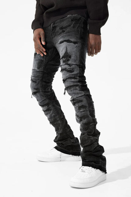 Jordan Craig  Pleated Side Seam Shredded Stacked Jean - Black Shadow