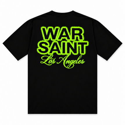 Black cotton t-shirt with back graphic featuring neon green spray-paint style text reading War Saint Los Angeles.