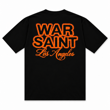 Black cotton t-shirt by Warsaint with neon orange spray paint style text reading WAR SAINT Los Angeles on the back.