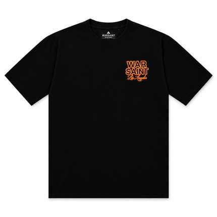 Warsaint Halloween crewneck t-shirt in black cotton featuring a neon orange graphic logo on the left chest.