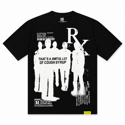 ALOCS Pharma tee in black cotton featuring a large white distressed graphic of five figures and Rx text print.
