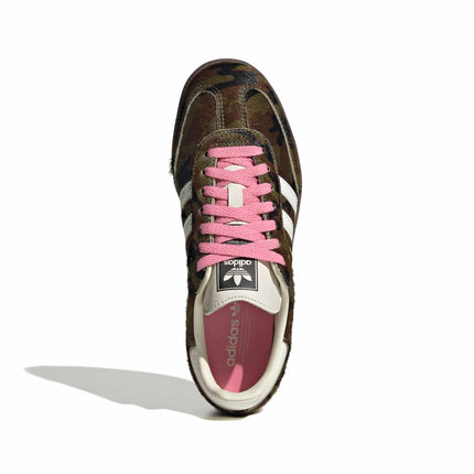 Adidas Samba OG sneaker in fuzzy camouflage print with bright pink laces and signature white stripes, top-down view.