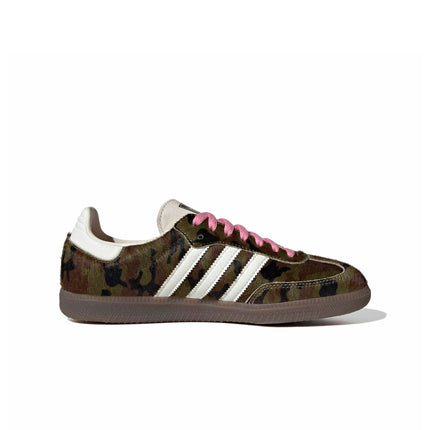 Adidas Women's Samba OG sneaker featuring a camouflage print pony hair upper, white leather stripes, and pink laces.
