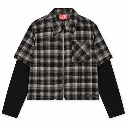 KOFL Discover long-sleeve twofer shirt featuring a black and gray plaid button-up over a black ribbed long-sleeve top.