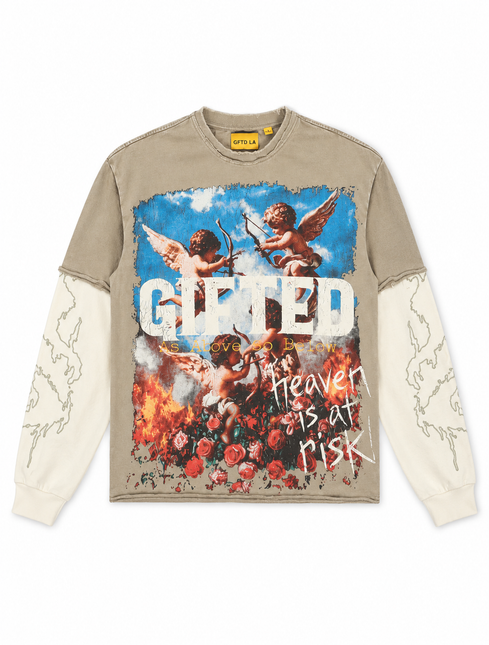 Khaki GFTD LA long sleeve shirt featuring a distressed graphic of cherubs, fire, roses, and printed text on cotton.