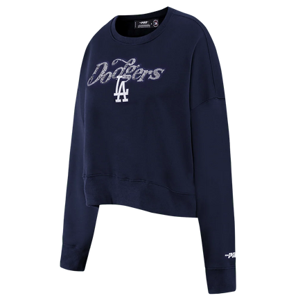 Navy blue Pro Standard LA Dodgers cropped crewneck sweatshirt with silver sparkling script and a white LA logo.