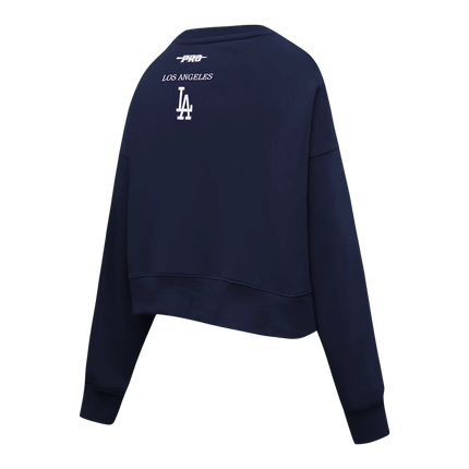 Navy blue Pro Standard Los Angeles Dodgers women's cropped crewneck sweatshirt, shown from the back with white logo.