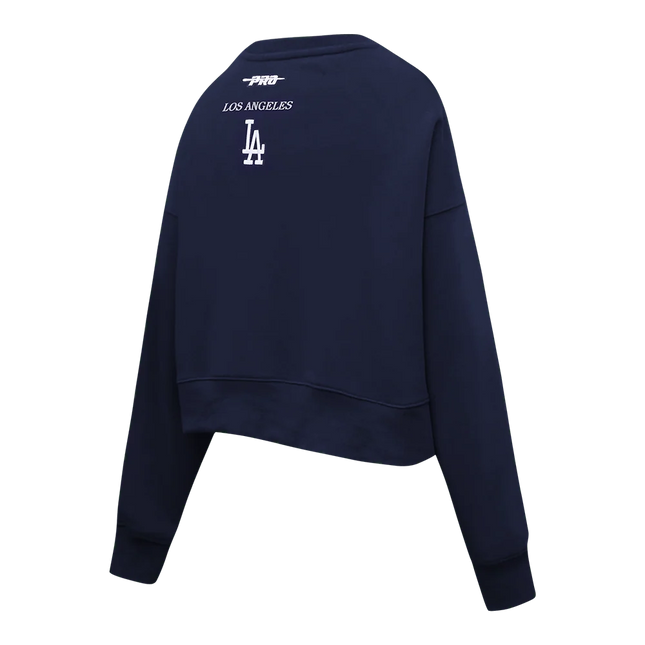 Navy blue Pro Standard Los Angeles Dodgers women's cropped crewneck sweatshirt, shown from the back with white logo.