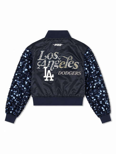 Pro Standard women's navy cropped bomber jacket featuring sparkling sequin sleeves and embroidered LA Dodgers logo.