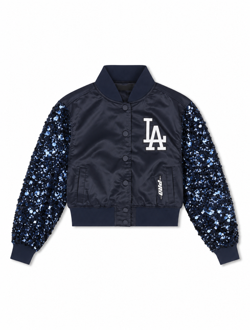 Pro Standard navy satin cropped bomber jacket for women featuring LA Dodgers logo and sparkling blue sequined sleeves.