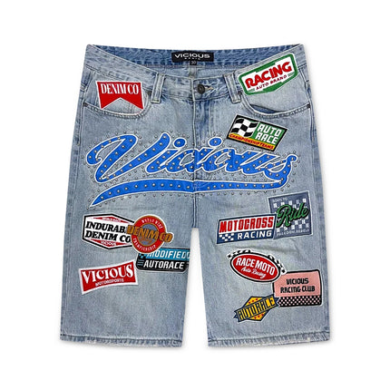 Vicious Denim Patch Shorts - Light Blue