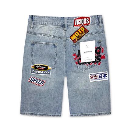 Vicious Denim Patch Shorts - Light Blue