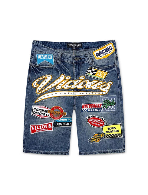 Vicious Denim Patch Shorts - Dark Indigo Blue
