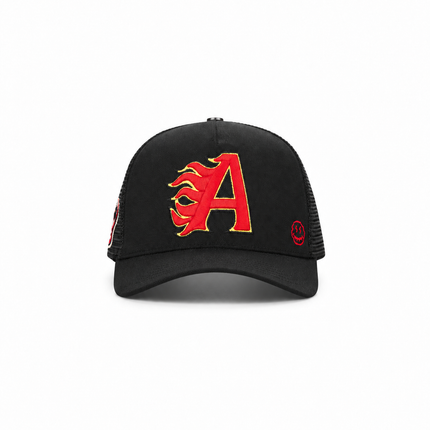 All Human King V2 black trucker hat with a red flame-style embroidered letter A and a small red smiley face icon.