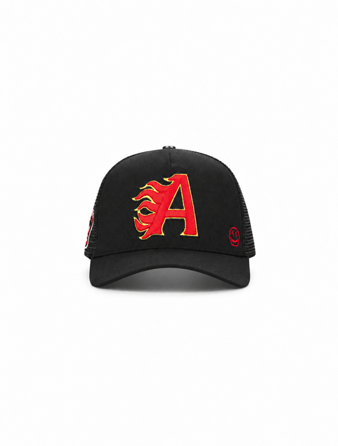 All Human King V2 black trucker hat with a red flame-style embroidered letter A and a small red smiley face icon.