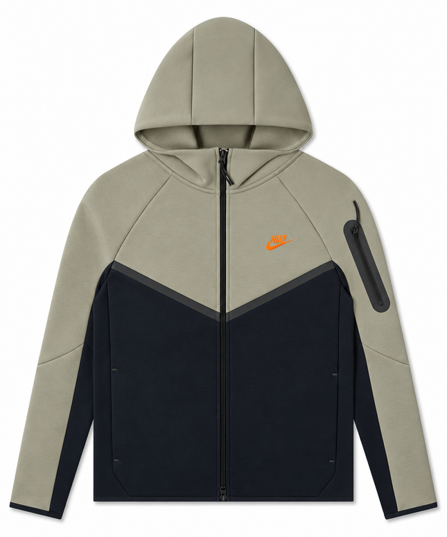 Nike Men's Tech Fleece full-zip hoodie in light army and black, featuring an orange logo and signature bonded zipper.