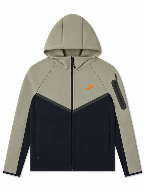 Nike Men's Tech Fleece full-zip hoodie in light army and black, featuring an orange logo and signature bonded zipper.