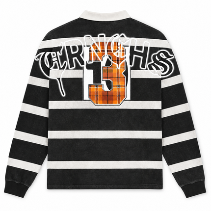 Trnchs Grow Dark long-sleeve polo in black and white stripes with a large orange plaid 13 graphic on the back.