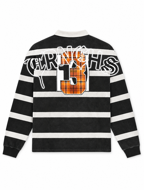 Trnchs Grow Dark long-sleeve polo in black and white stripes with a large orange plaid 13 graphic on the back.