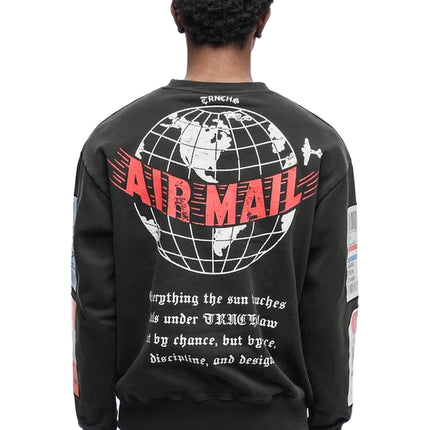 Black Trnchs Airmail crewneck sweater featuring a white globe graphic, red Airmail text, and vintage postal prints.