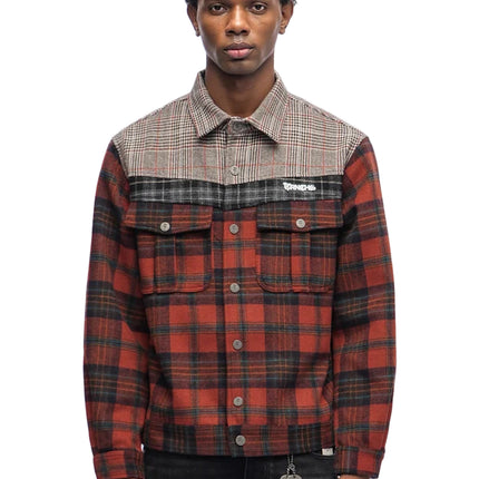 Trnchs Heritage button-down jacket in orange plaid featuring a contrasting grey and black patterned yoke and chest.