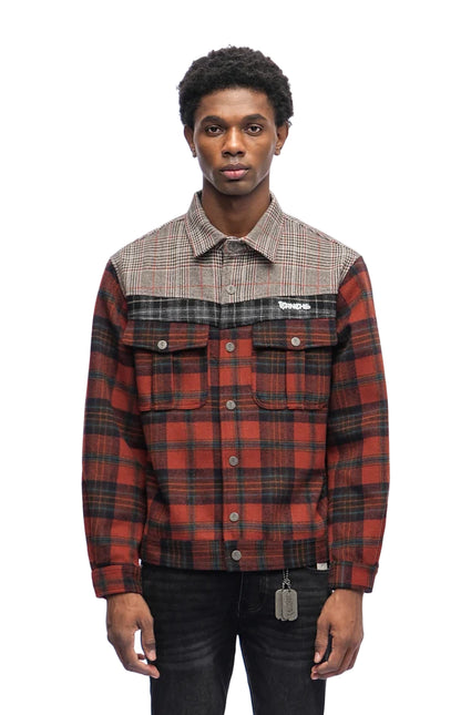Trnchs Heritage button-down jacket in orange plaid featuring a contrasting grey and black patterned yoke and chest.