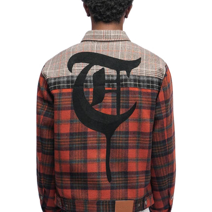 Trnchs Heritage button-down jacket in red plaid wool with a contrasting grey patterned upper back and black letter T.
