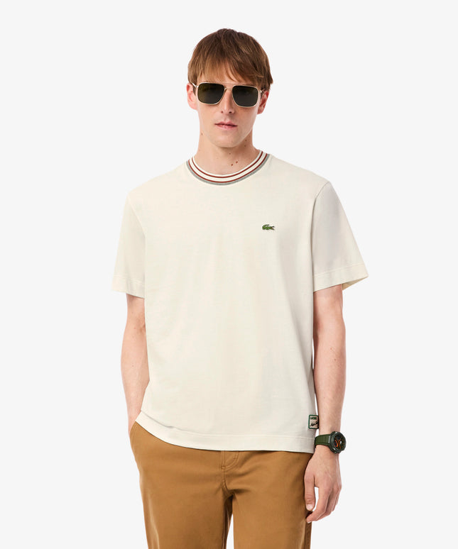 Lacoste Made in France Stripe Neck Tee - Cream