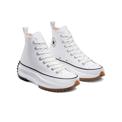 Converse Run Star Hike high-top sneakers in white canvas with a thick, jagged rubber platform sole and gum tread.