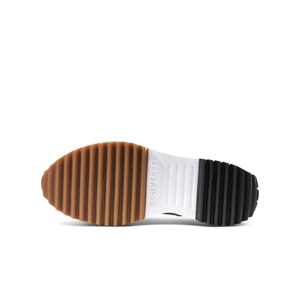 Bottom view of a Converse Run Star Hike shoe featuring a tan serrated rubber tread and a chunky white and black sole.