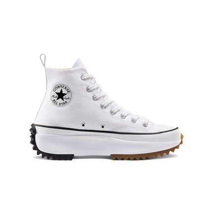 Converse Run Star Hike high-top sneakers in white canvas with a thick white platform sole and jagged rubber tread.
