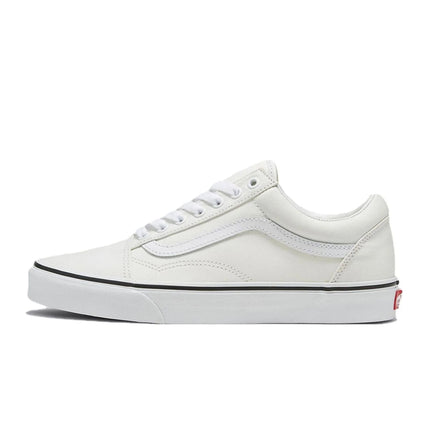 Vans Old Skool sneaker in all-white canvas with iconic side stripe, white laces, and a thin black line on the rubber sole.
