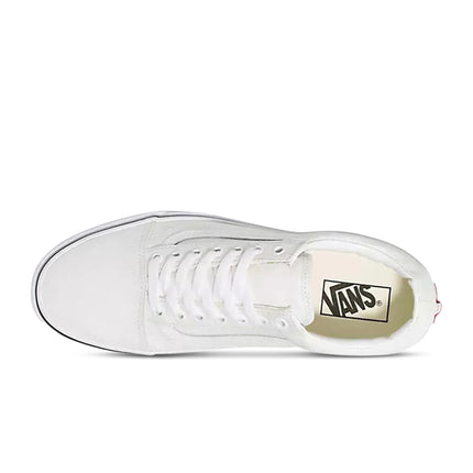 Top-down view of a plain white Vans Old Skool sneaker made of canvas and suede with white laces and a black side stripe.
