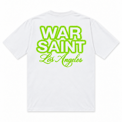 White short-sleeve cotton T-shirt featuring Warsaint Los Angeles text in neon green spray paint effect on the back.