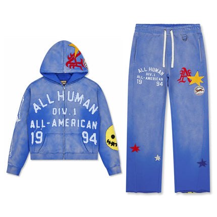 All Human El Perro V2 blue washed cotton fleece zip-up hoodie and matching sweatpants set with collegiate graphics.