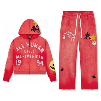 All Human red wash 2-piece fleece set with distressed All-American 1994 graphics, star patches, and hoodie zip-up.