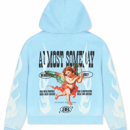 Light blue Almost Someday cotton hoodie featuring a graphic of a cherub, flame accents, and brand text on the back.