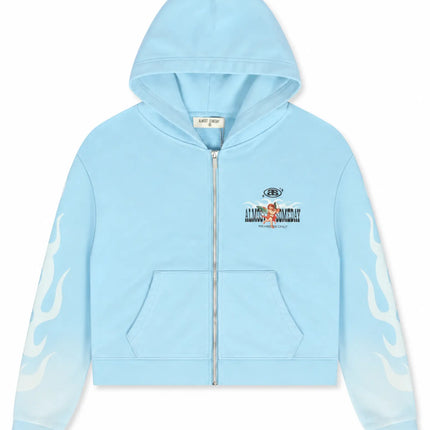 Almost Someday Members zip hoodie in light blue, featuring white flame graphics on sleeves and a central cupid logo.