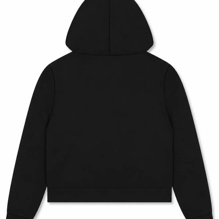 Hugo Boss Green Soody Zone hoodie in solid black cotton featuring a back view with a classic hood and ribbed hem.