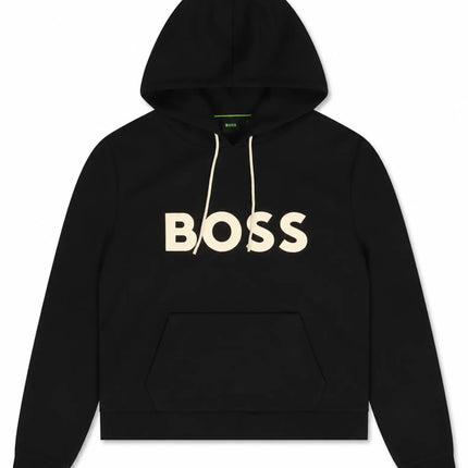 Boss Green Soody Zone hoodie in black featuring a beige BOSS logo graphic, a front pouch pocket, and a drawstring hood.