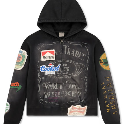 Black cotton zip-up Rebel Minds hoodie featuring vintage-style brand patches and graphic prints on the front.