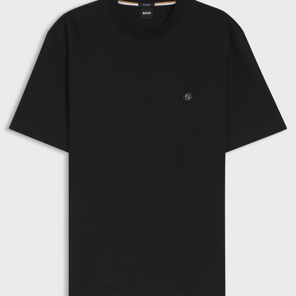 Black Hugo Boss cotton T-shirt featuring a crew neckline and a circular Double-B monogram badge on the left chest.