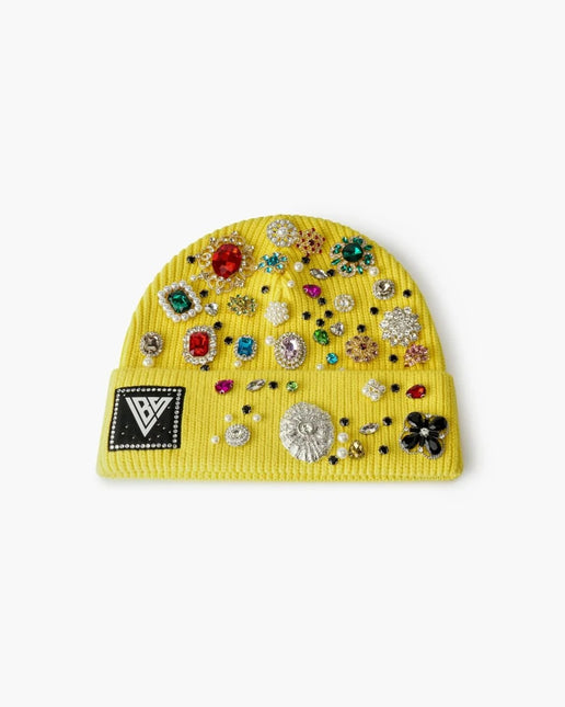 Bright yellow ribbed knit Valabasas beanie embellished with an array of colorful assorted rhinestones and gems.