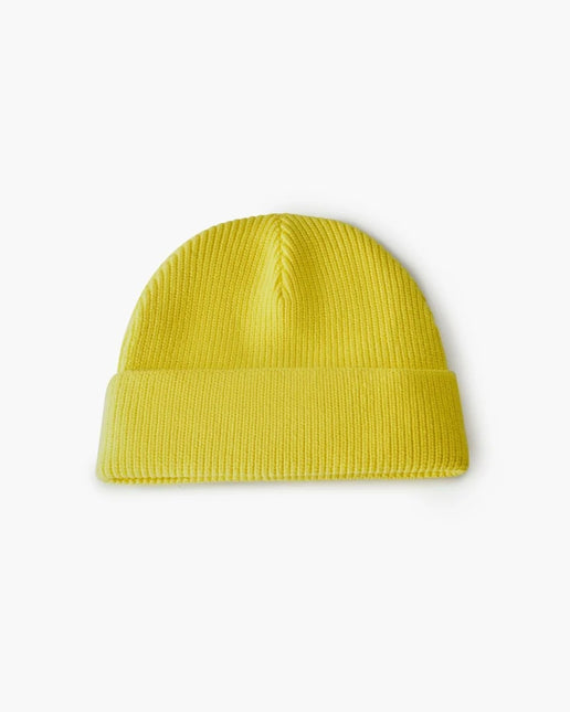 Valabasas Gemstone Beanie in bright yellow featuring a thick, ribbed-knit texture and a classic cuffed brim design.