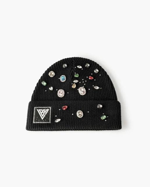 Valabasas black knit beanie featuring a ribbed texture, a branded logo patch, and multicolored gemstone embellishments.