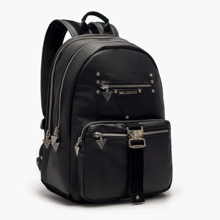 Valabasas La Borsa backpack in black matte faux leather featuring silver hardware, metallic studs, and logo accents.