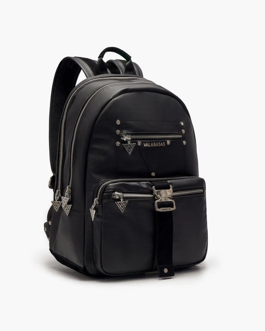 Valabasas La Borsa backpack in black matte faux leather featuring silver hardware, metallic studs, and logo accents.