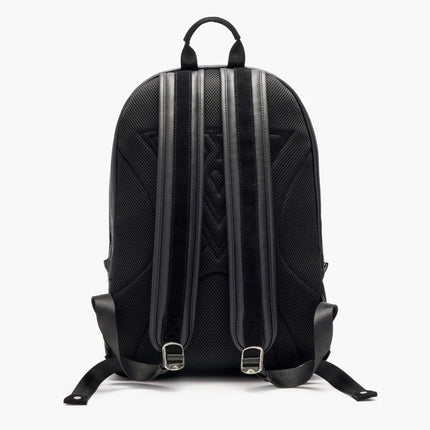 Back view of a black Valabasas La Borsa backpack featuring padded mesh straps, leather accents, and silver hardware.