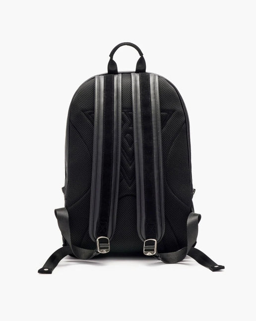 Back view of a black Valabasas La Borsa backpack featuring padded mesh straps, leather accents, and silver hardware.